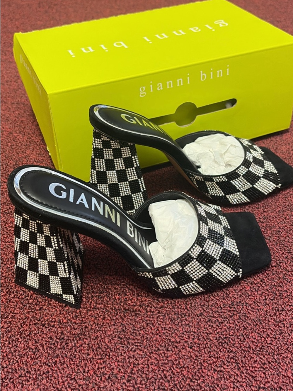 Gianni Bini Black & White Checkered Crystal Slide Mules - Picture 2 of 6